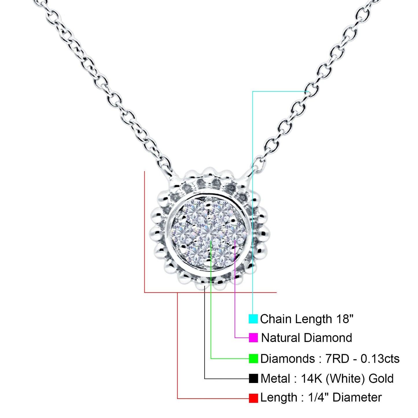 14K White Gold 0.13ct Round Shape Diamond Solitaire Pendant Chain Necklace 18" Long