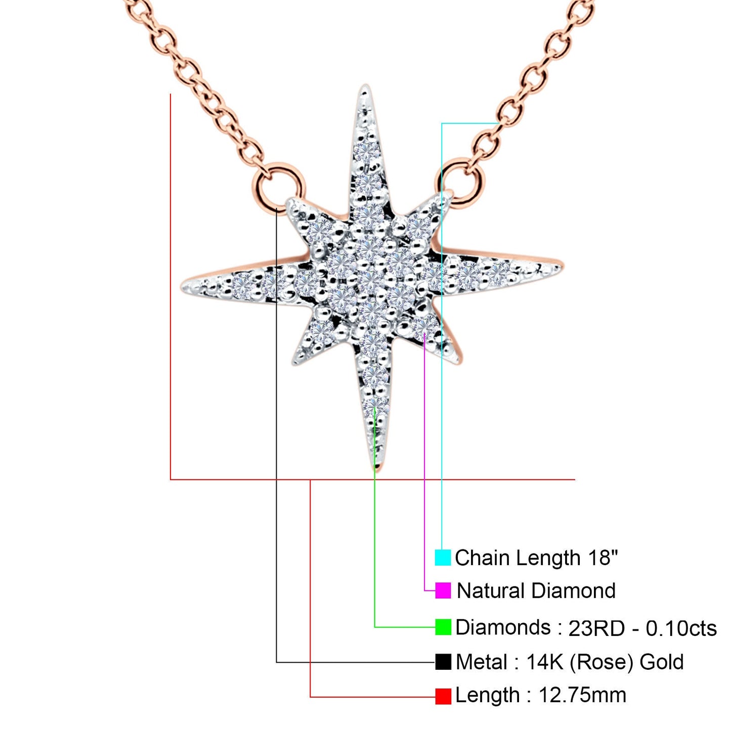 14K Rose Gold 0.10ct Round Shape Diamond Starburst Pendant Chain Necklace 18" Long