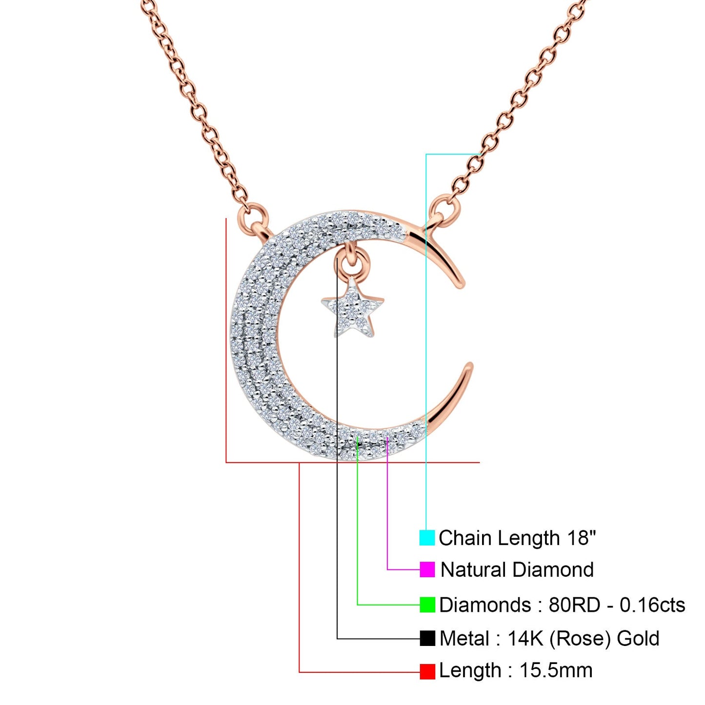 0.16ct Diamond Crescent Moon Necklace - 14K Rose Gold, 18 Inch Chain