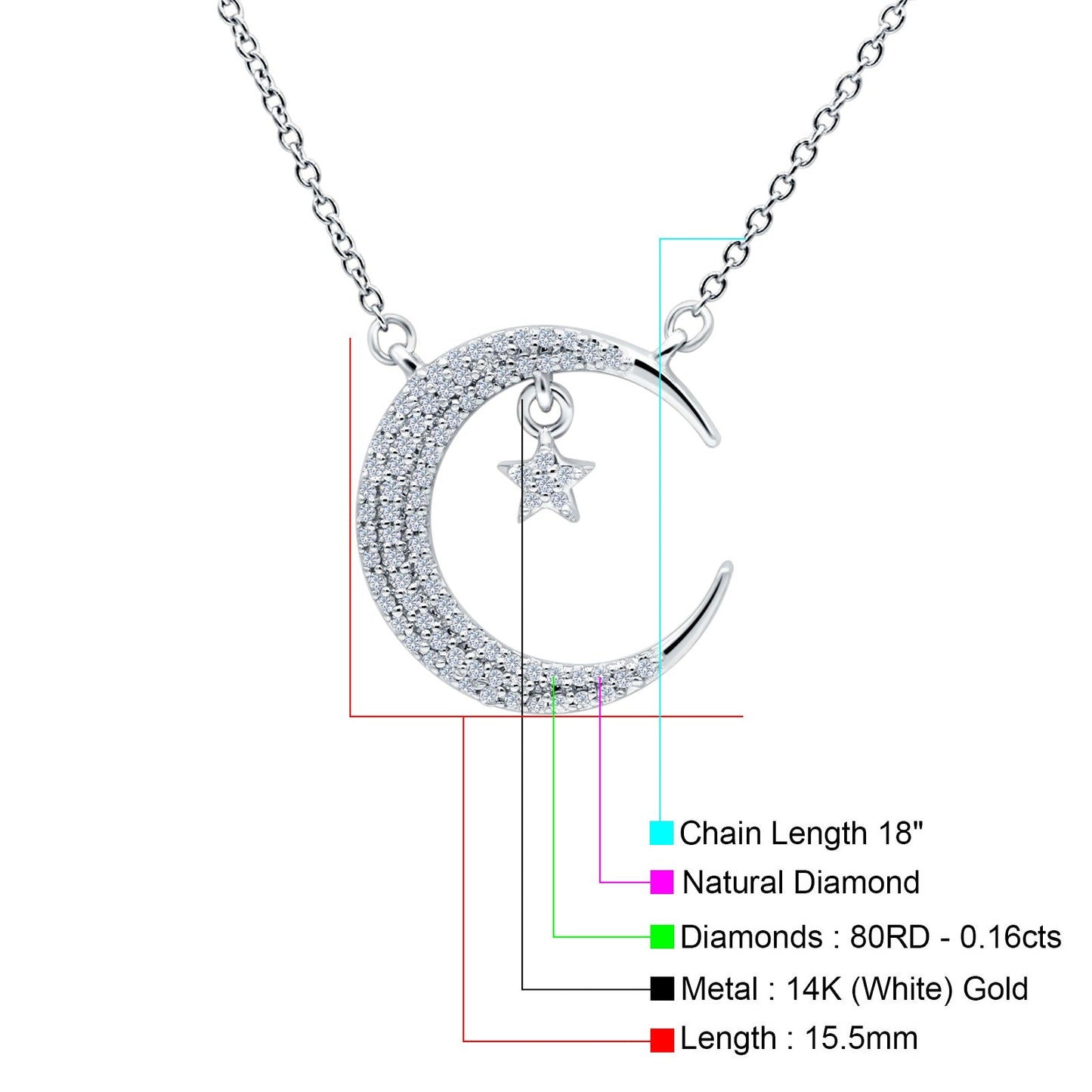 14K White Gold Diamond Crescent Moon Necklace 0.16ct, 18 Inch