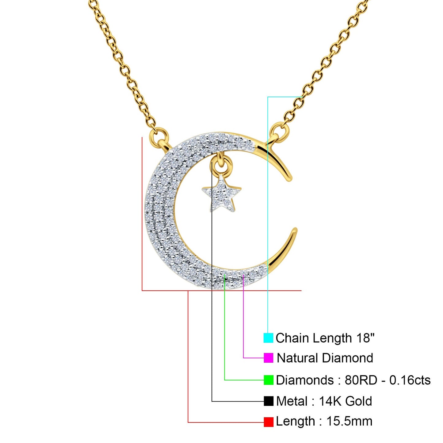 14K Yellow Gold 0.16ct Round Shape Diamond Crescent Moon Pendant Chain Necklace 18" Long