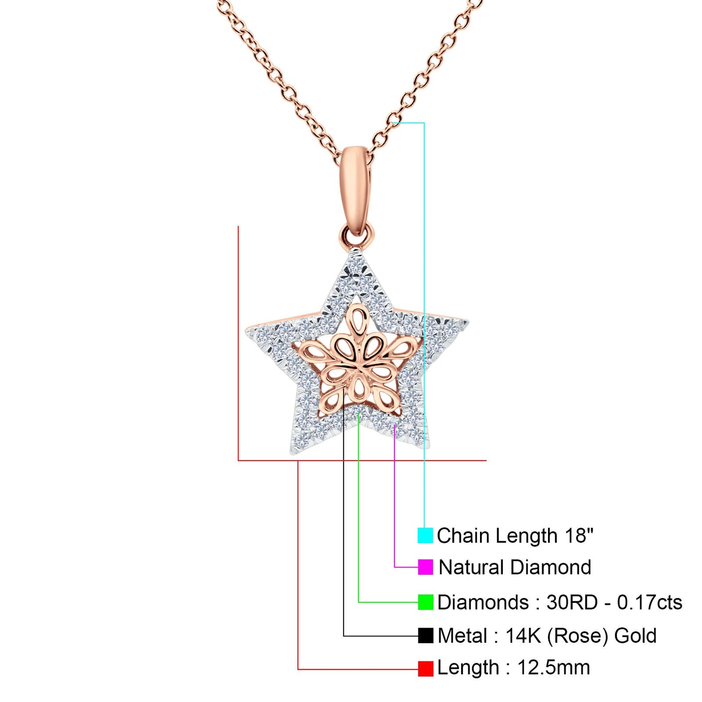 14K Rose Gold 0.17ct Round Shape Diamond Filigree Star Pendant Chain Necklace 18" Long