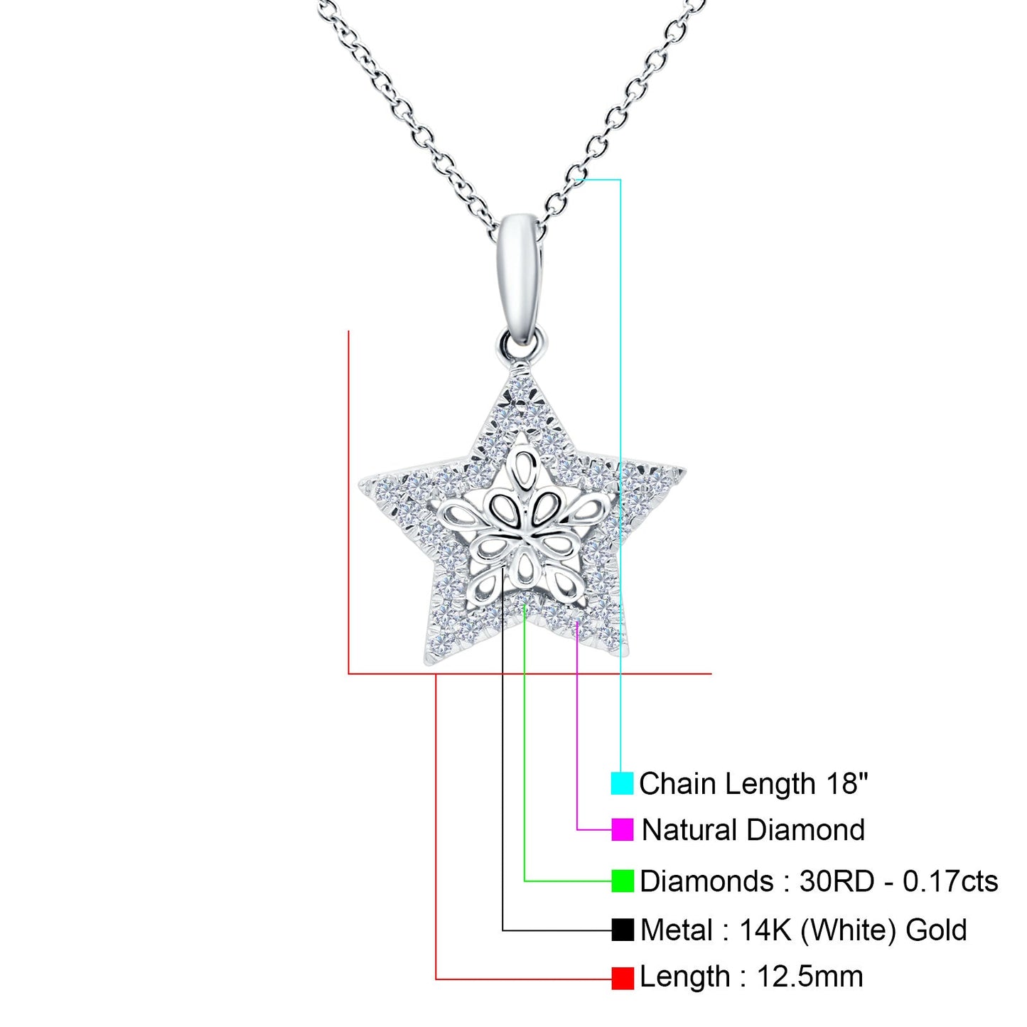 14K White Gold 0.17ct Round Shape Diamond Filigree Star Pendant Chain Necklace 18" Long