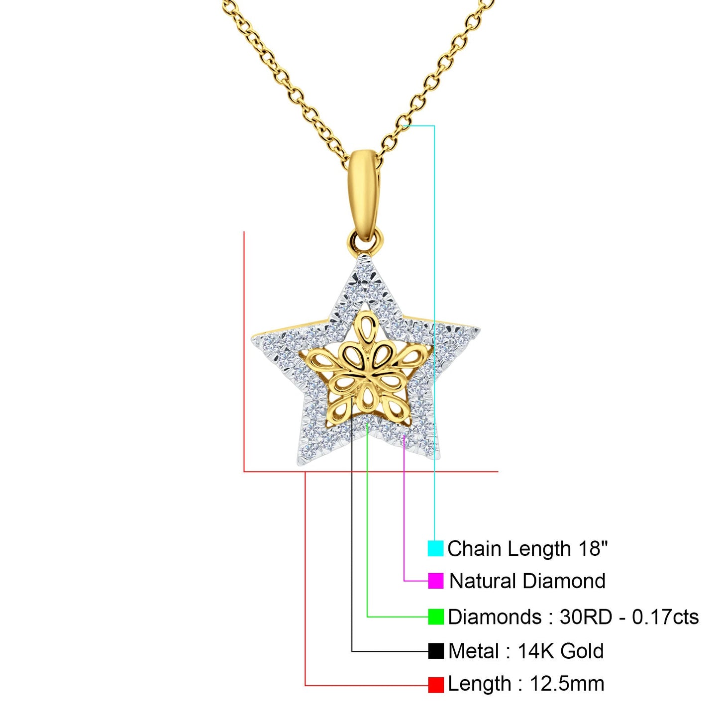 14K Yellow Gold 0.17ct Round Shape Diamond Filigree Star Pendant Chain Necklace 18" Long