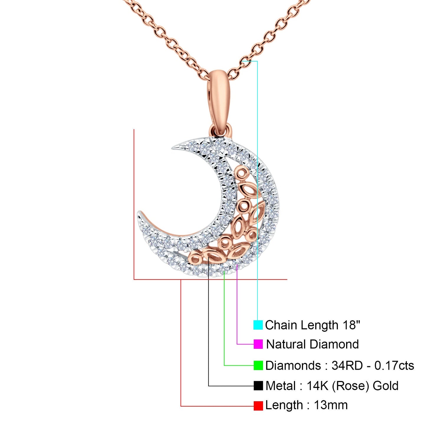 14K Rose Gold 0.17ct Round Shape Diamond Crescent Moon Pendant Chain Necklace 18" Long