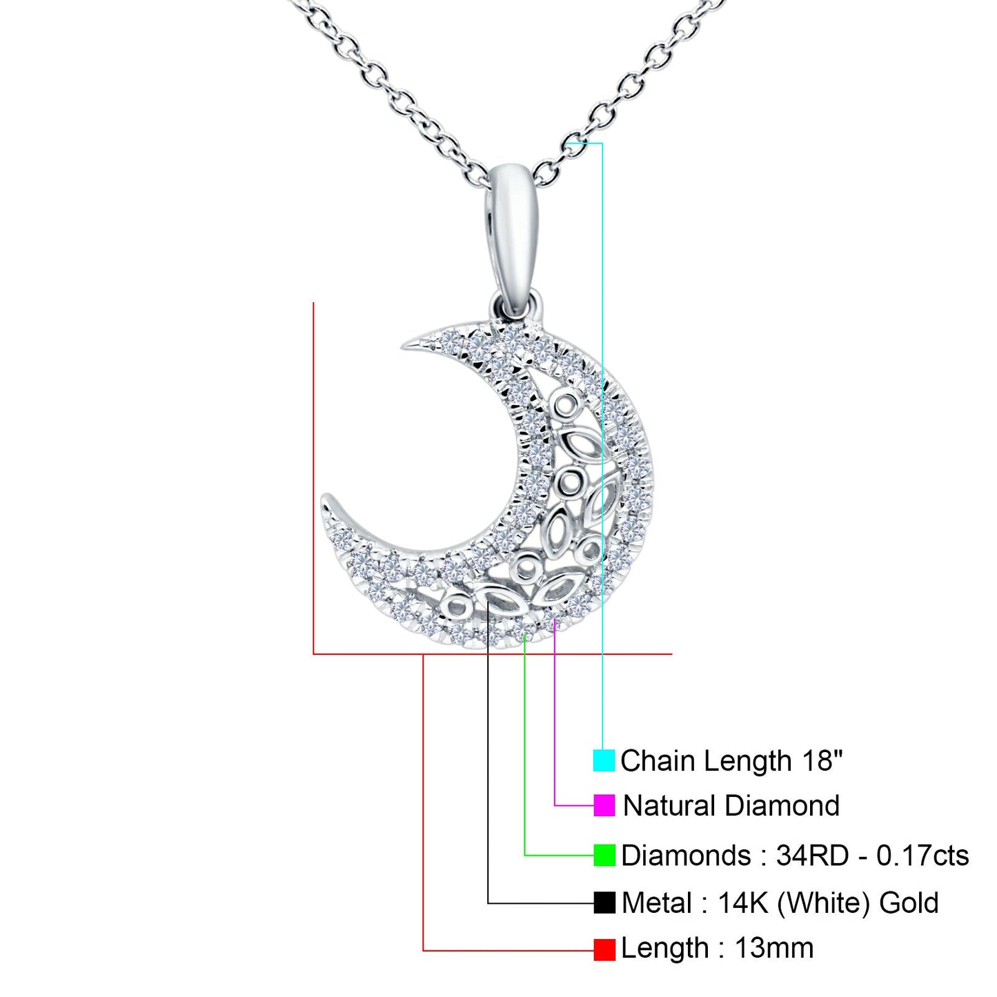 14K White Gold 0.17ct Round Shape Diamond Crescent Moon Pendant Chain Necklace 18" Long