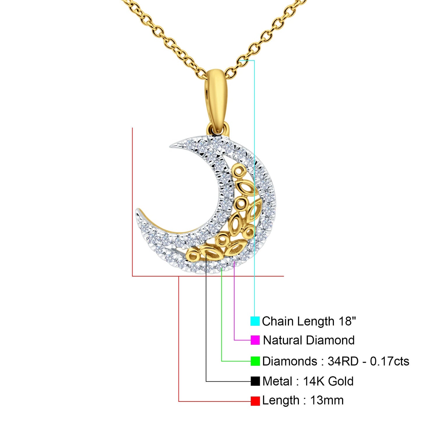 14K Yellow Gold 0.17ct Round Shape Diamond Crescent Moon Pendant Chain Necklace 18" Long