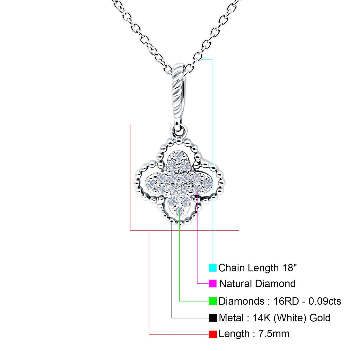 14K White Gold 0.09ct Round Shape Diamond Antique Flower Pendant Chain Necklace 18" Long