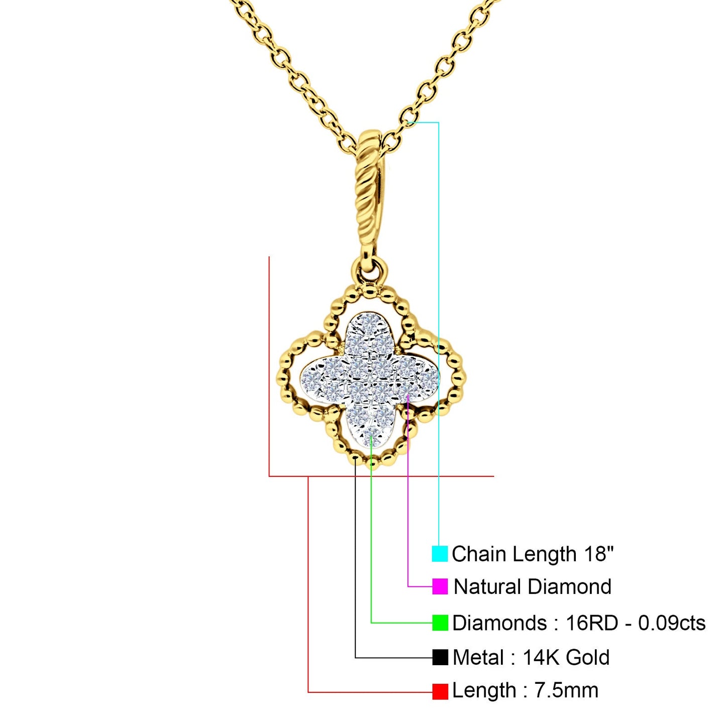 14K Yellow Gold 0.09ct Round Shape Diamond Antique Flower Pendant Chain Necklace 18" Long