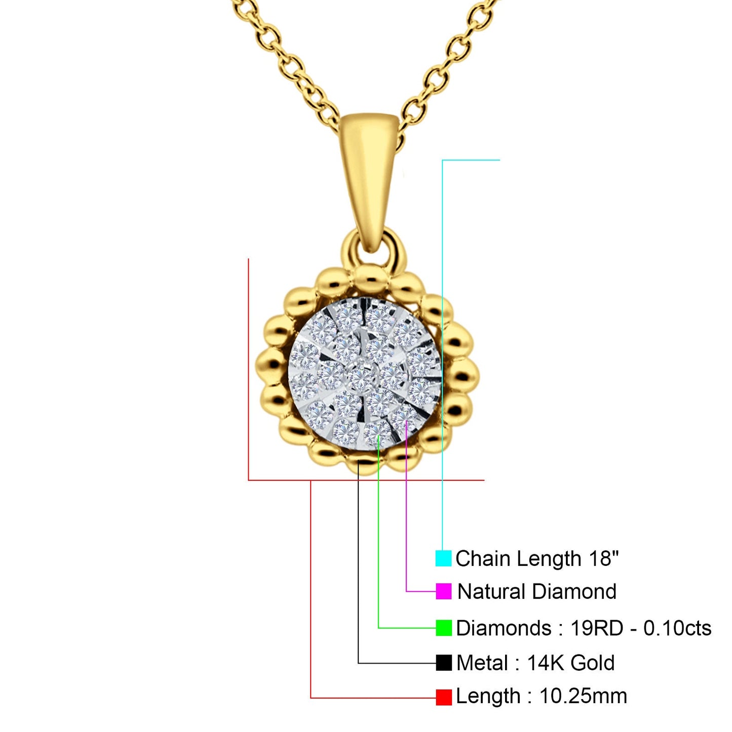 14K Yellow Gold 0.10ct Round Shape Diamond Solitaire Pendant Chain Necklace 18" Long