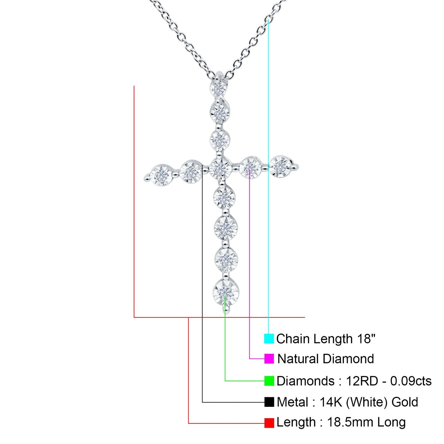 14K White Gold Diamond Cross Pendant Necklace 0.09ct 18 inch Chain