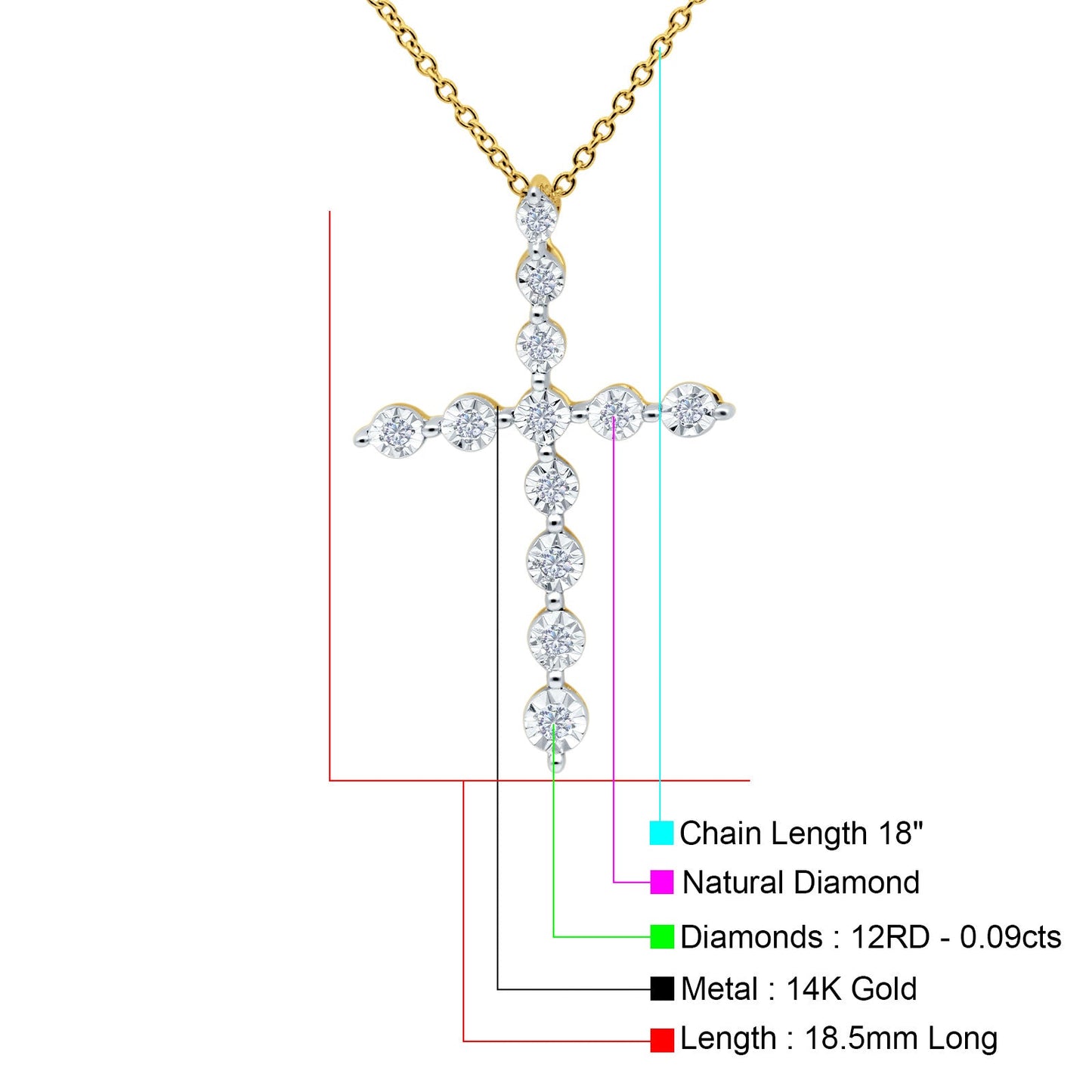 14K Yellow Gold 0.09ct Round Shape Diamond Cross Pendant Chain Necklace 18" Long