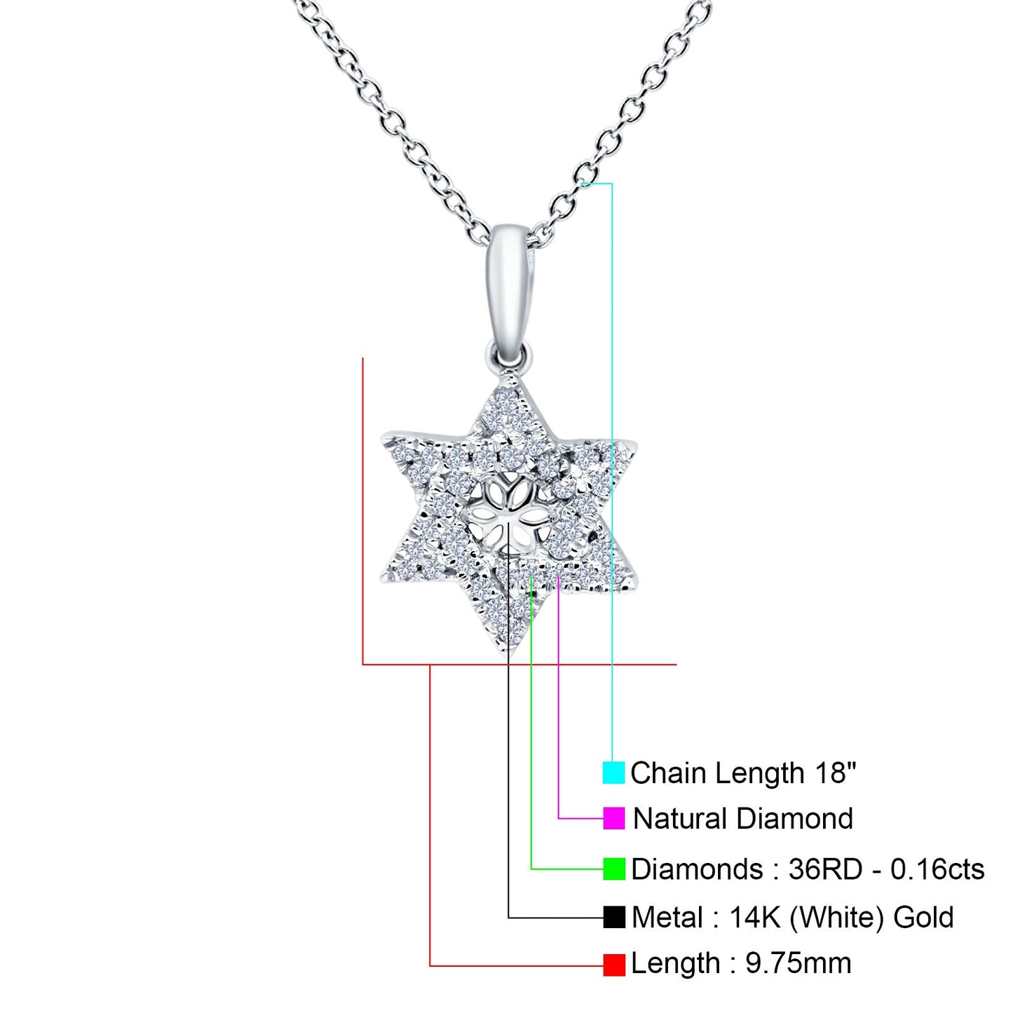 14K White Gold 0.16ct Round Diamond Star Of David Necklace 18 Inch Long