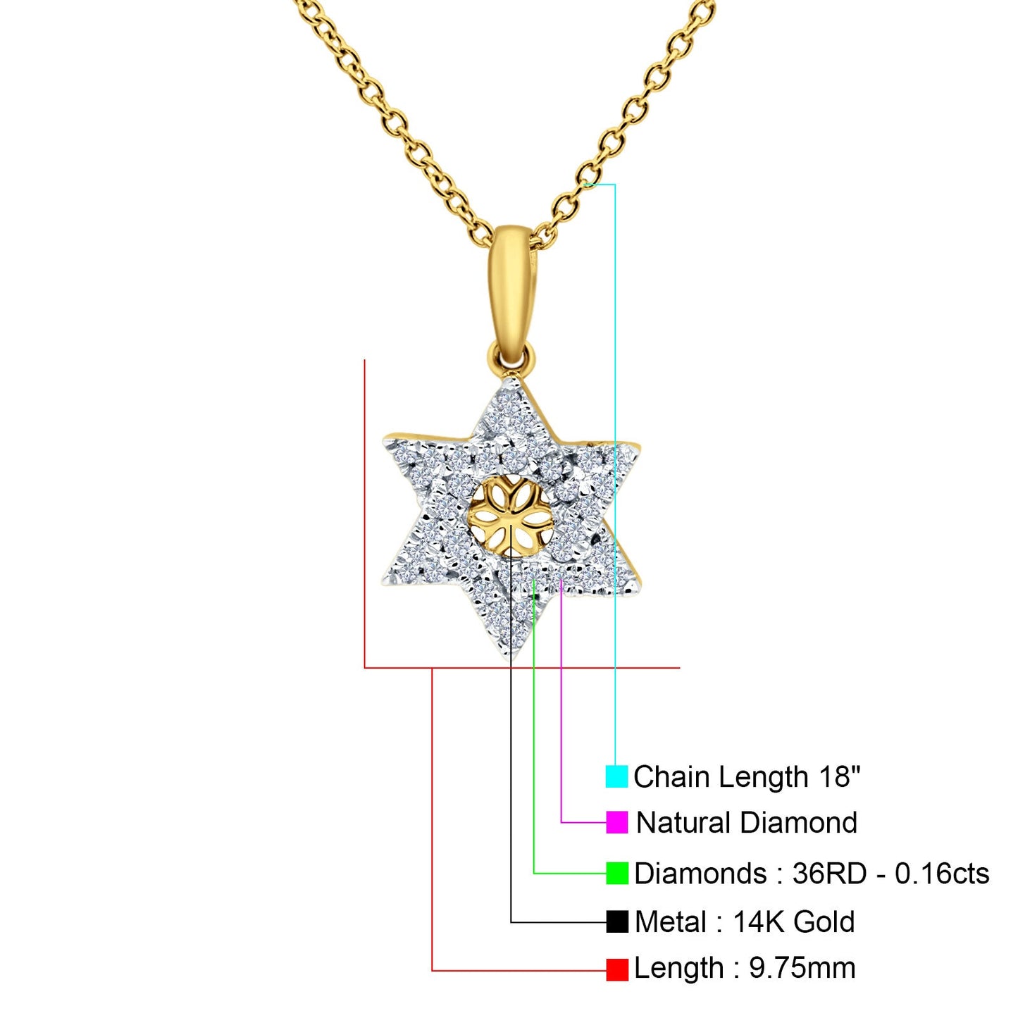 14K Yellow Gold 0.16ct Round Shape Diamond Jewish Star Of David Pendant Chain Necklace 18" Long