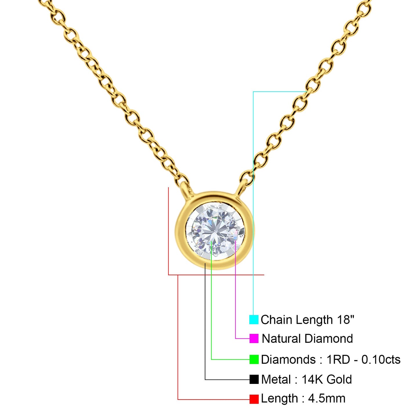 14K Yellow Gold 0.10ct Round Shape Diamond Solitaire Bezel Pendant Chain Necklace 18" Long