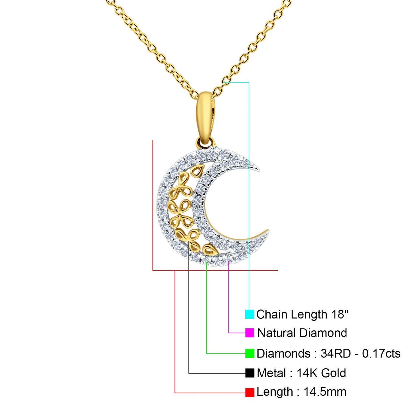 14K Yellow Gold 0.17ct Round Shape Diamond Celestial Pendant Chain Necklace 18" Long