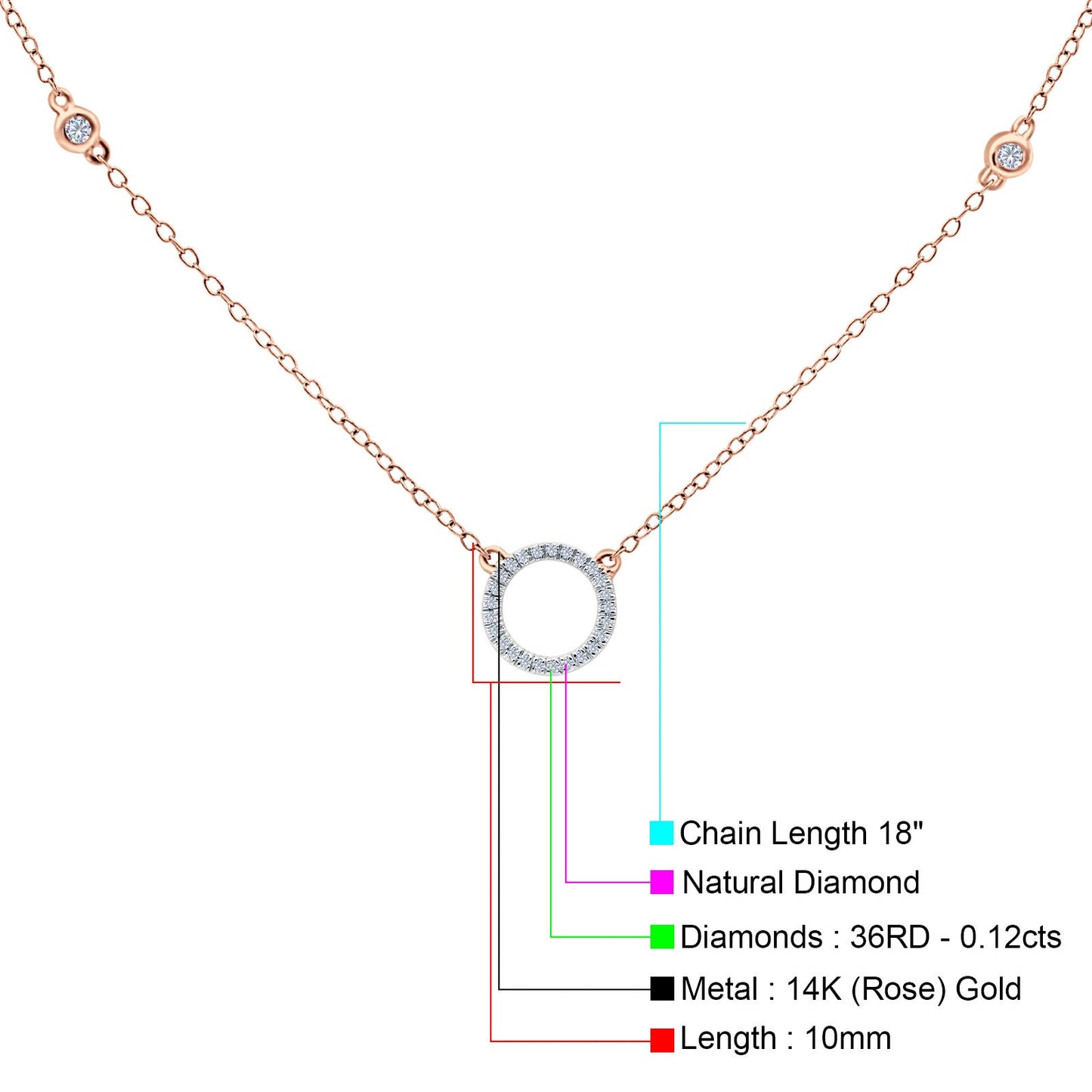 14K Rose Gold 0.12ct Round Shape Diamond Trendy Circle Pendant Chain Necklace 18" Long