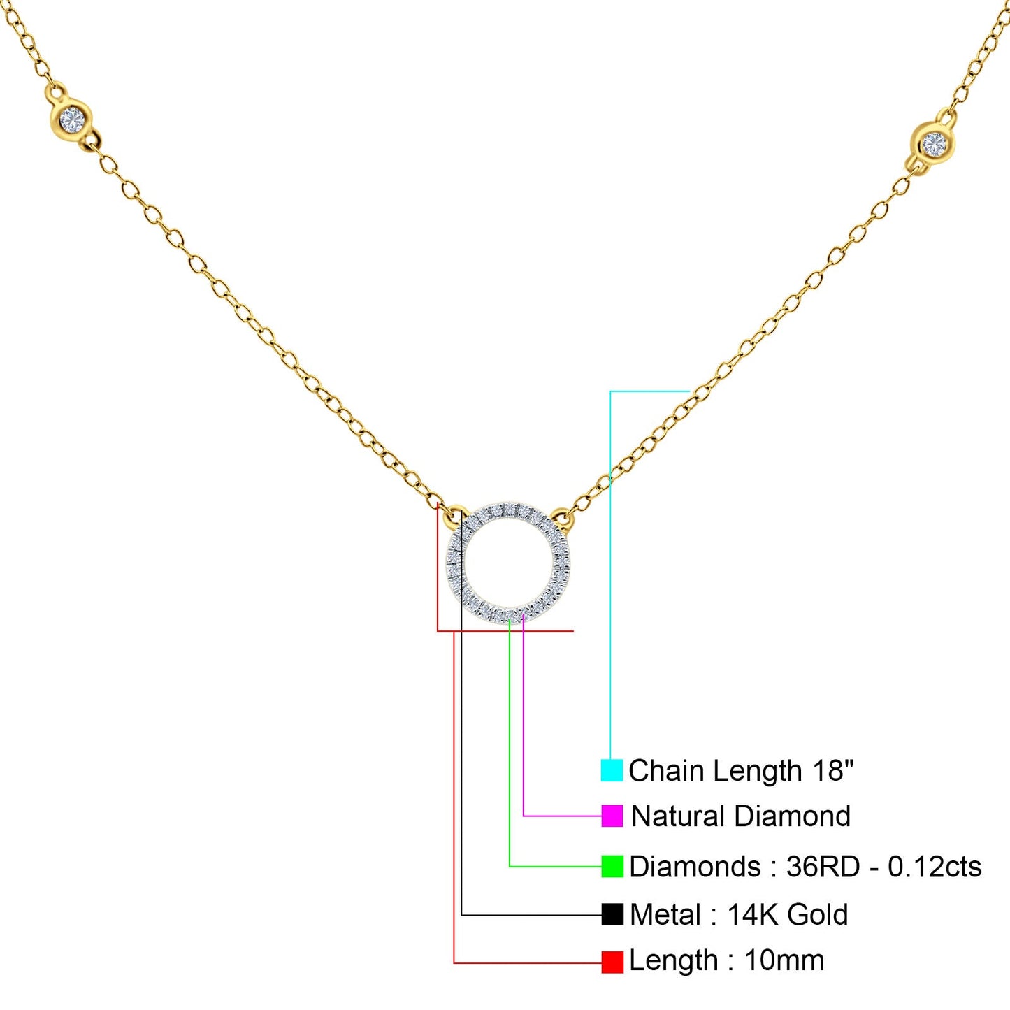 14K Yellow Gold 0.12ct Round Shape Diamond Trendy Circle Pendant Chain Necklace 18" Long