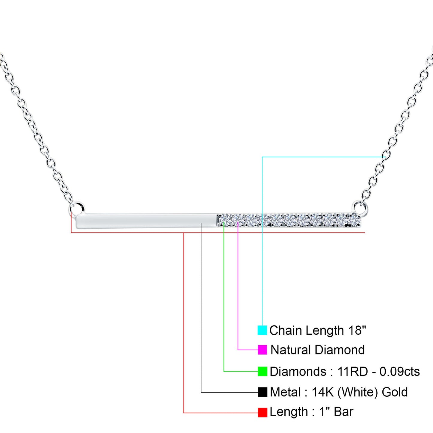 14K White Gold 0.09ct Round Shape Diamond Bar Pendant Chain Necklace 18" Long