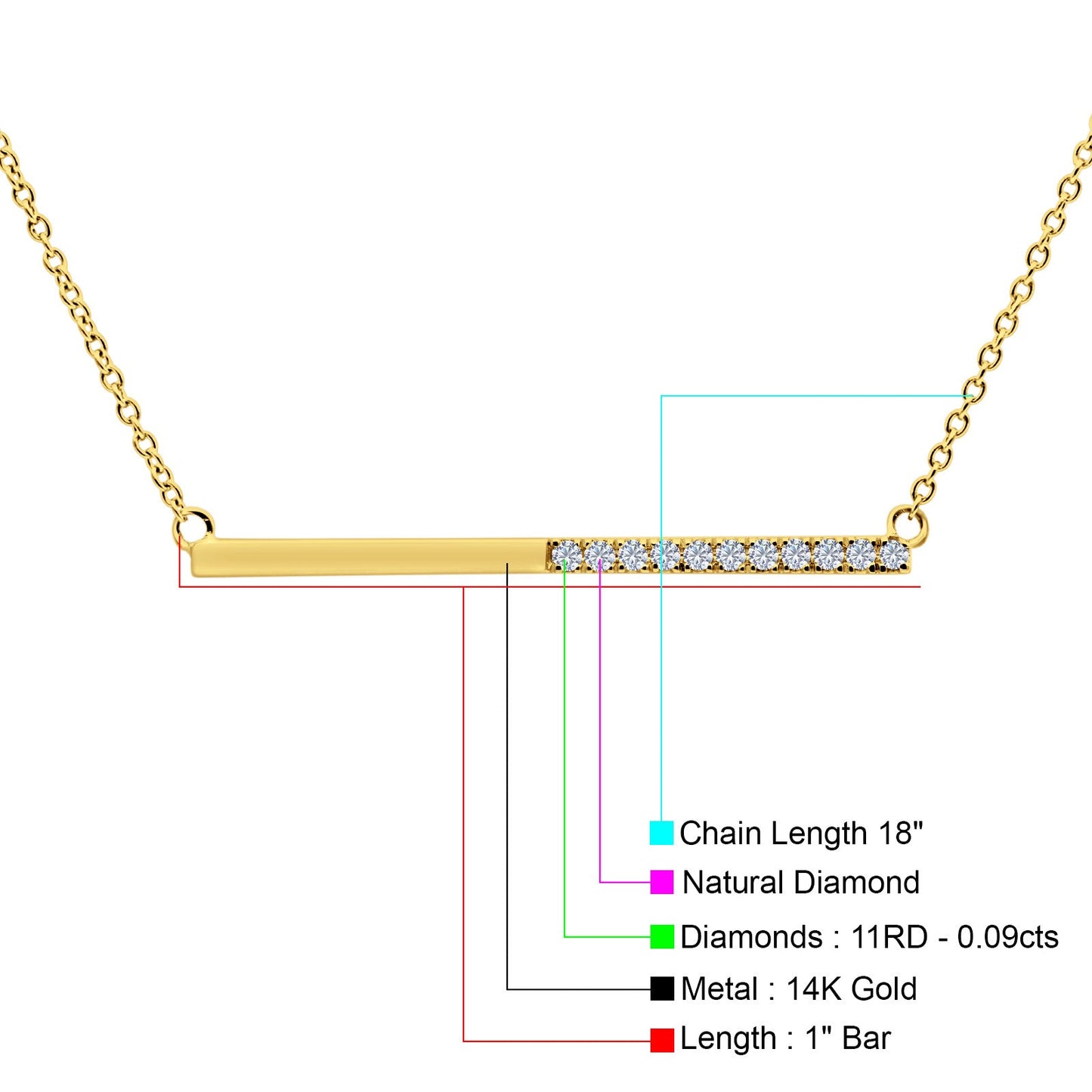 14K Yellow Gold 0.09ct Round Shape Diamond Bar Pendant Chain Necklace 18" Long