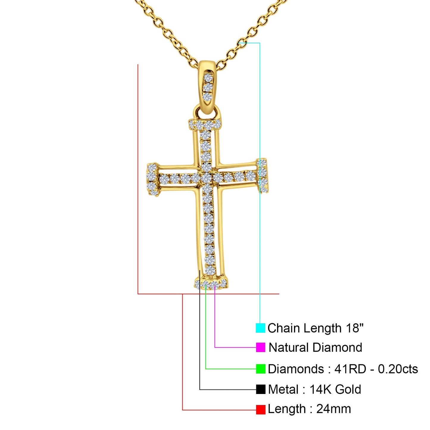 14K Yellow Gold 0.20ct Round Shape Diamond Cross Pendant Chain Necklace 18" Long