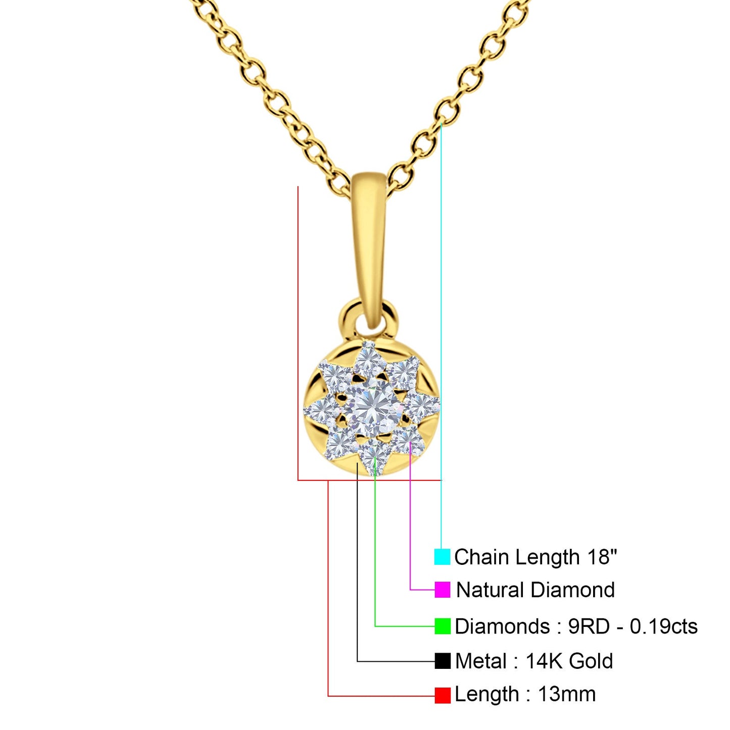 14K Yellow Gold 0.19ct Round Shape Diamond Solitaire Pendant Chain Necklace 18" Long