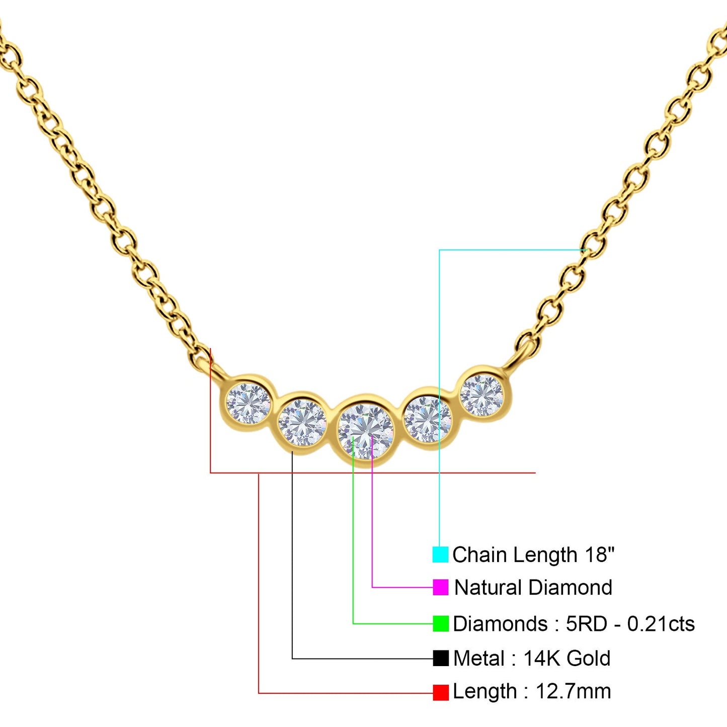 14K Yellow Gold 0.21ct Round Shape Diamond Five Stone Pendant Chain Necklace 18" Long