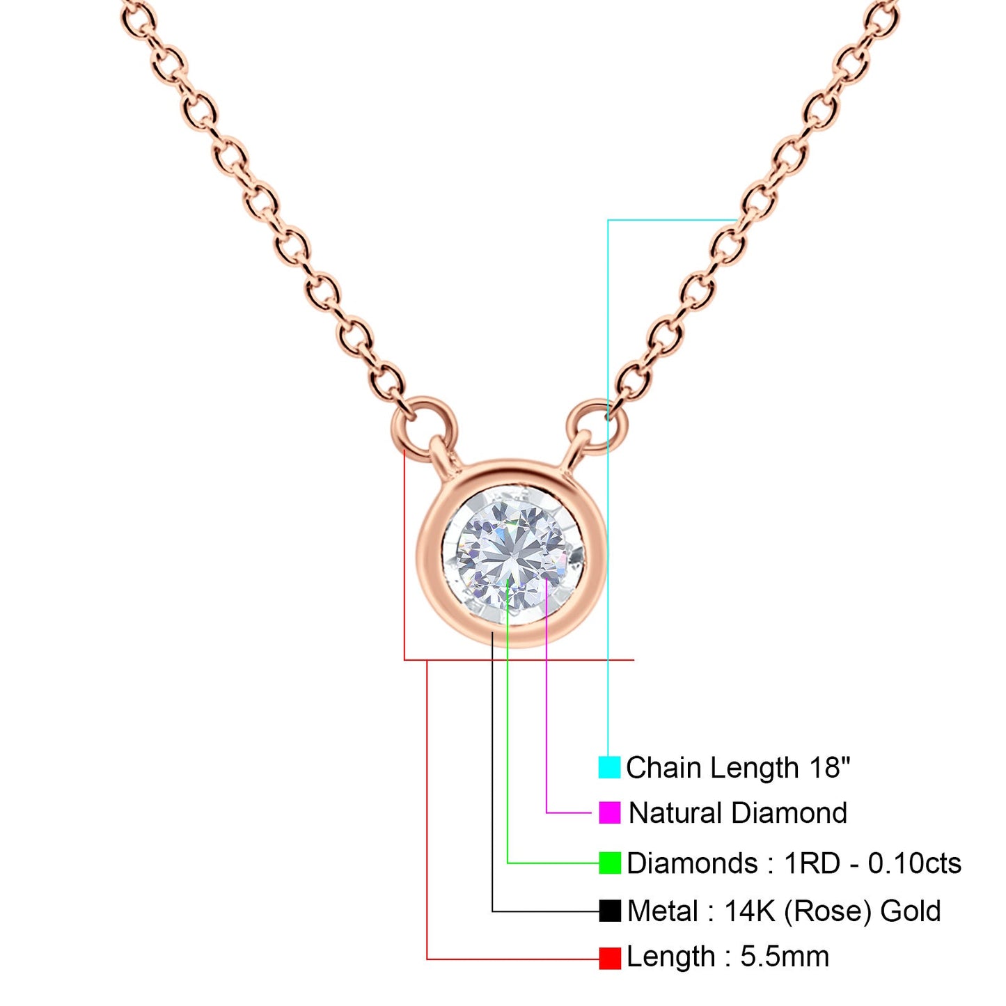 14K Rose Gold 0.10ct Round Shape Diamond Bezel Solitaire Pendant Chain Necklace 18" Long