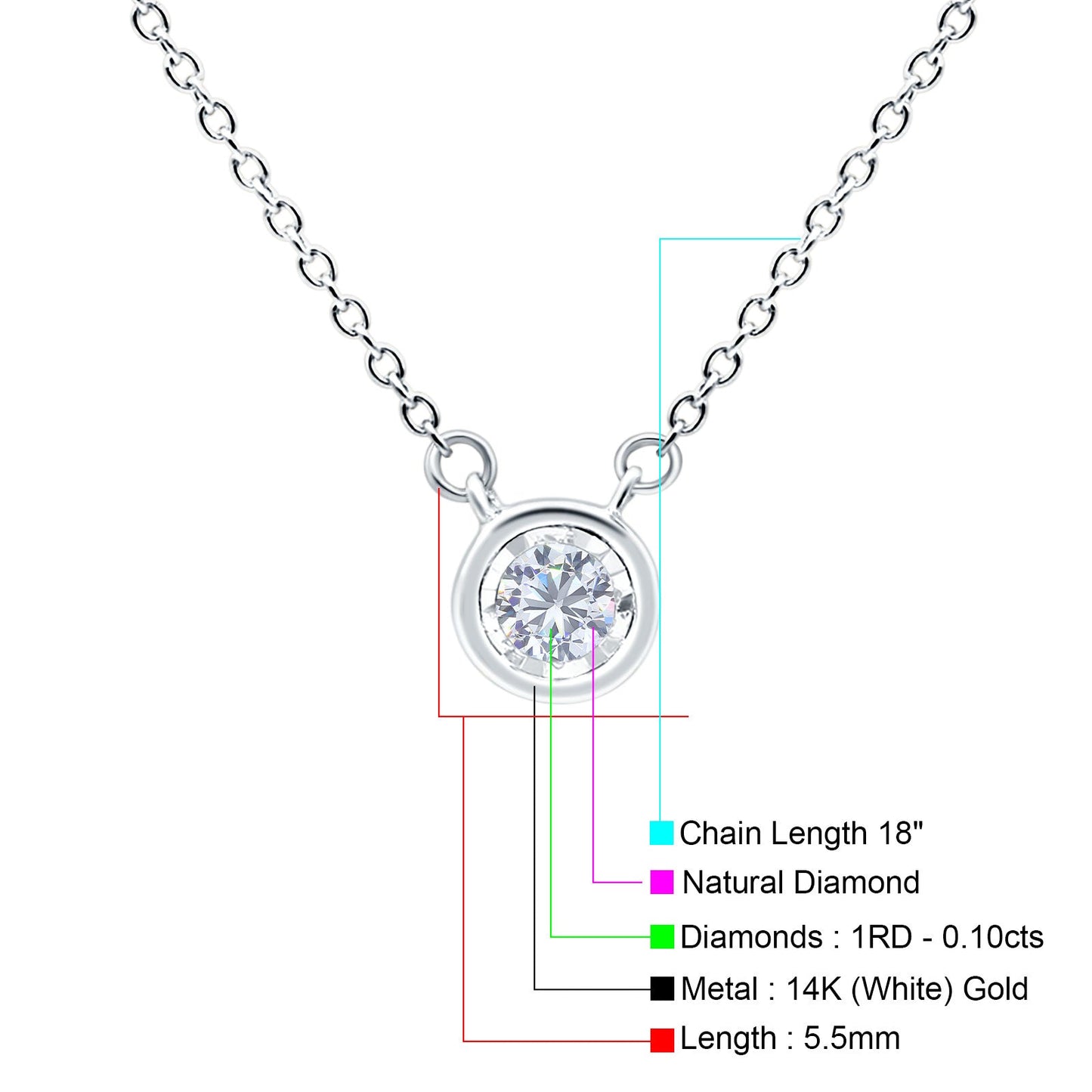 14K White Gold 0.10ct Round Shape Diamond Bezel Solitaire Pendant Chain Necklace 18" Long