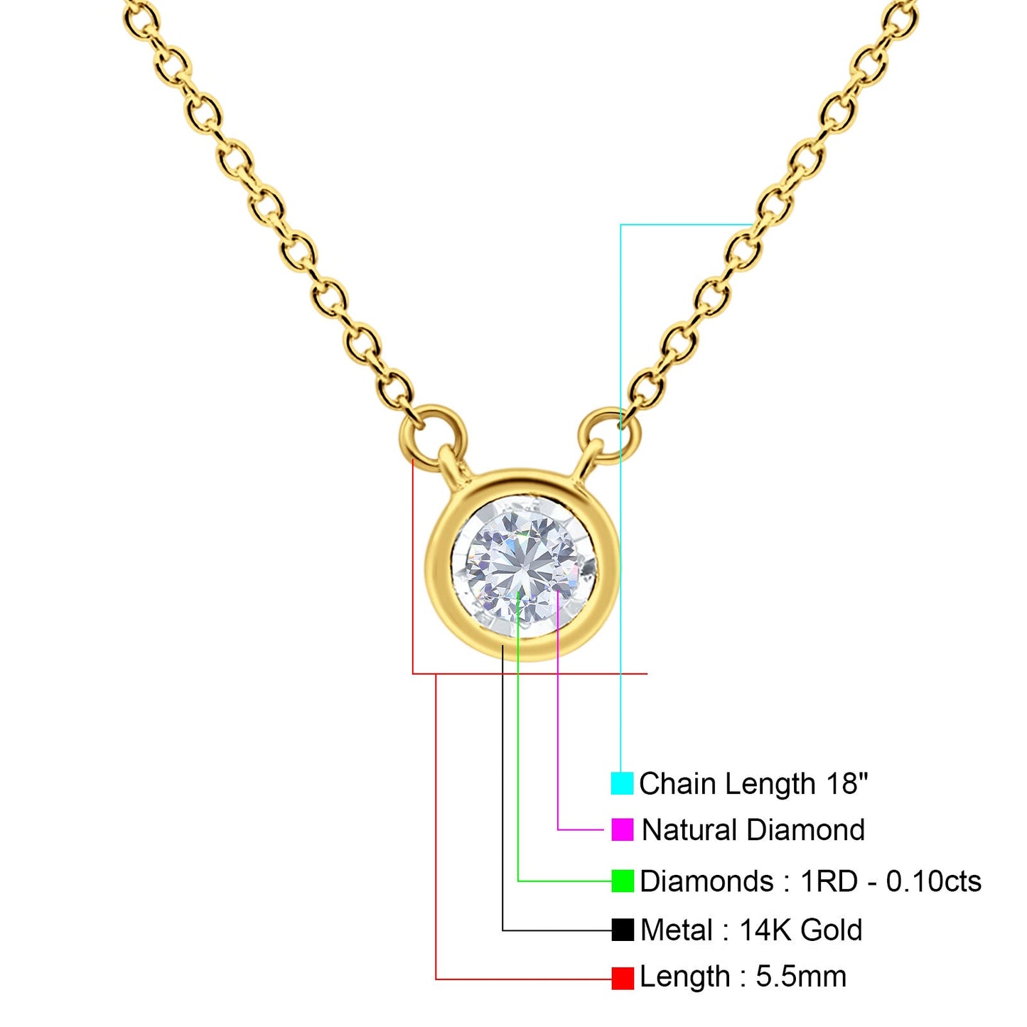 14K Yellow Gold 0.10ct Round Shape Diamond Bezel Solitaire Pendant Chain Necklace 18" Long