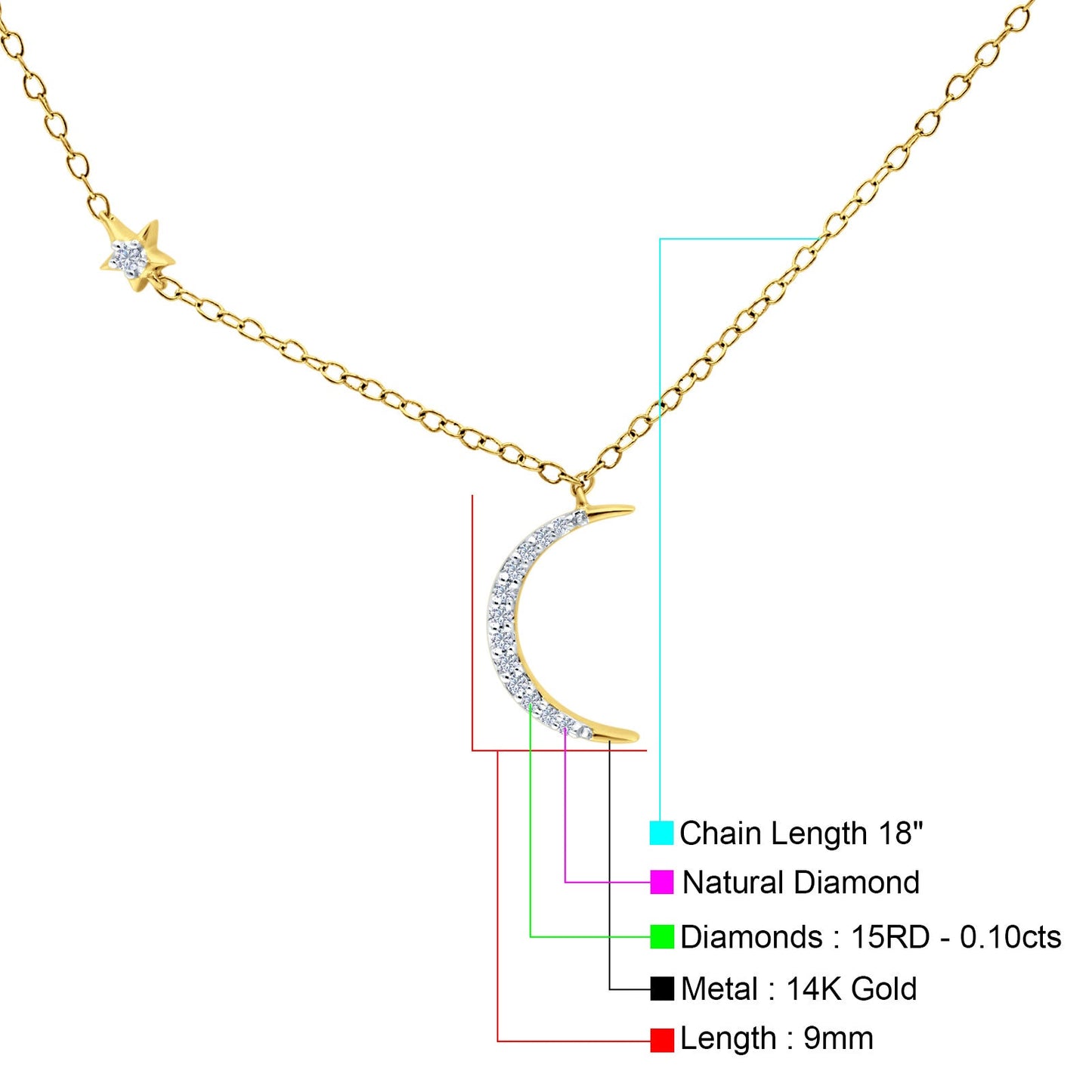 14K Yellow Gold Crescent Moon and Star Necklace 0.10ct Diamond 18 Inch Long