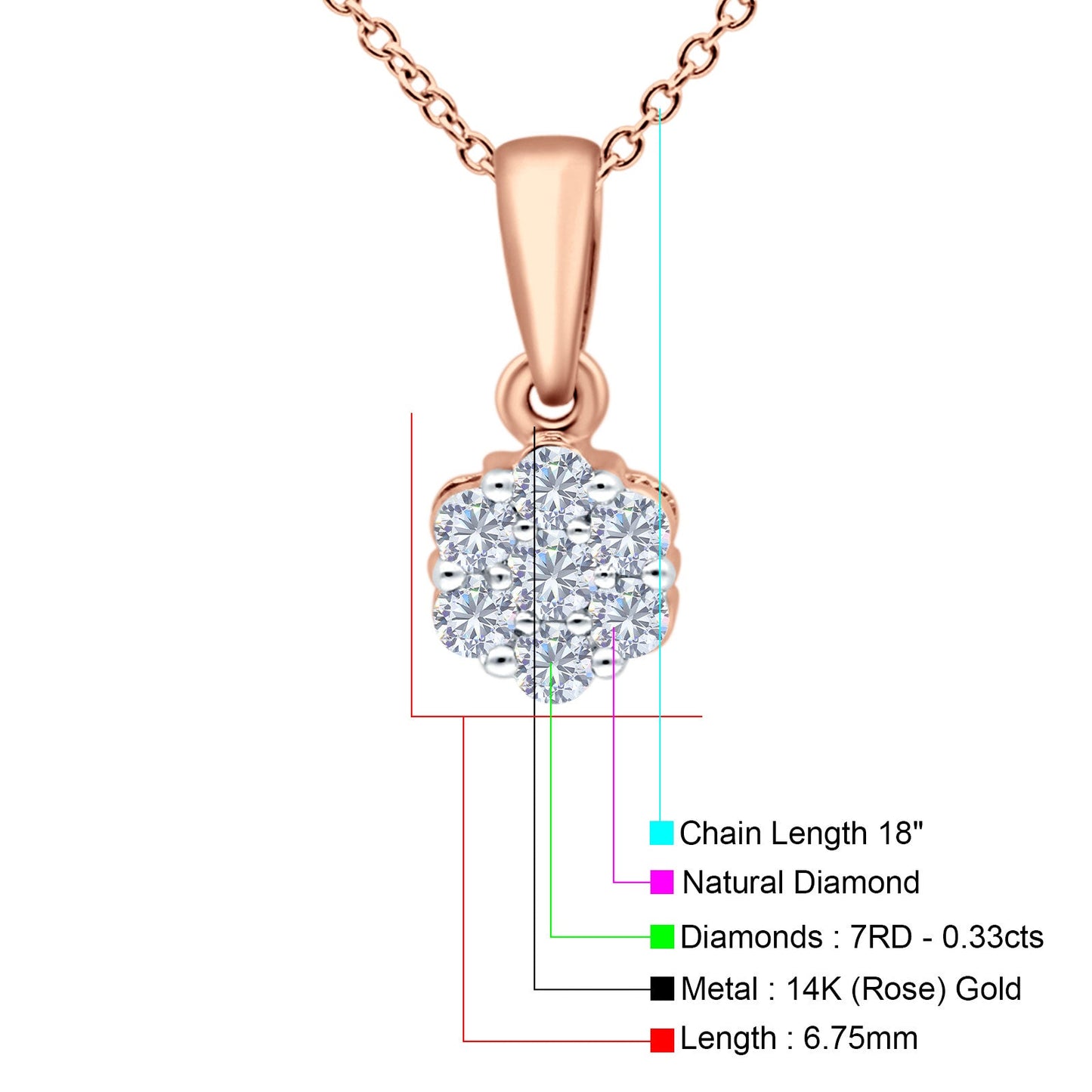 14K Rose Gold 0.33ct Round Shape Diamond Solitaire Pendant Chain Necklace 18" Long