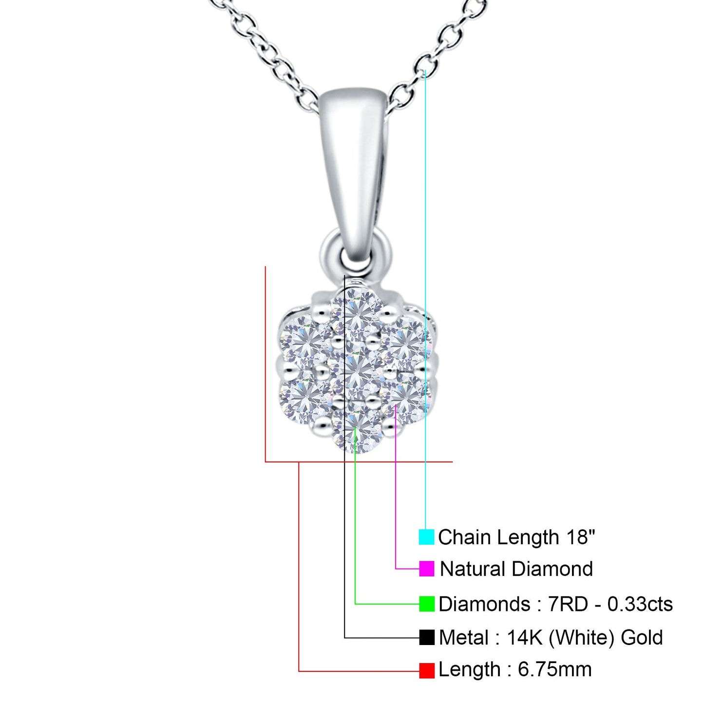 14K White Gold 0.33ct Round Shape Diamond Solitaire Pendant Chain Necklace 18" Long