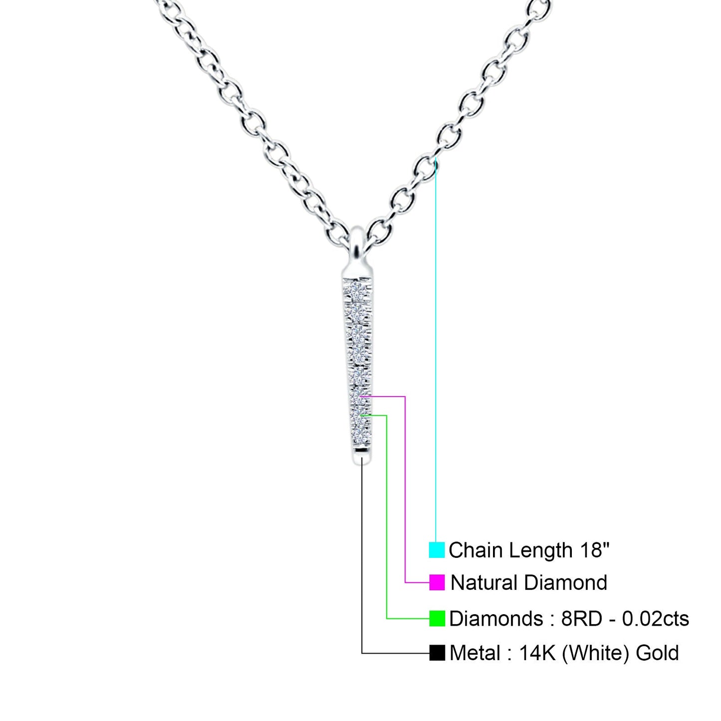 14K White Gold 0.02ct Round Shape Trendy Diamond Vertical Drop Pendant Chain Necklace 18" Long