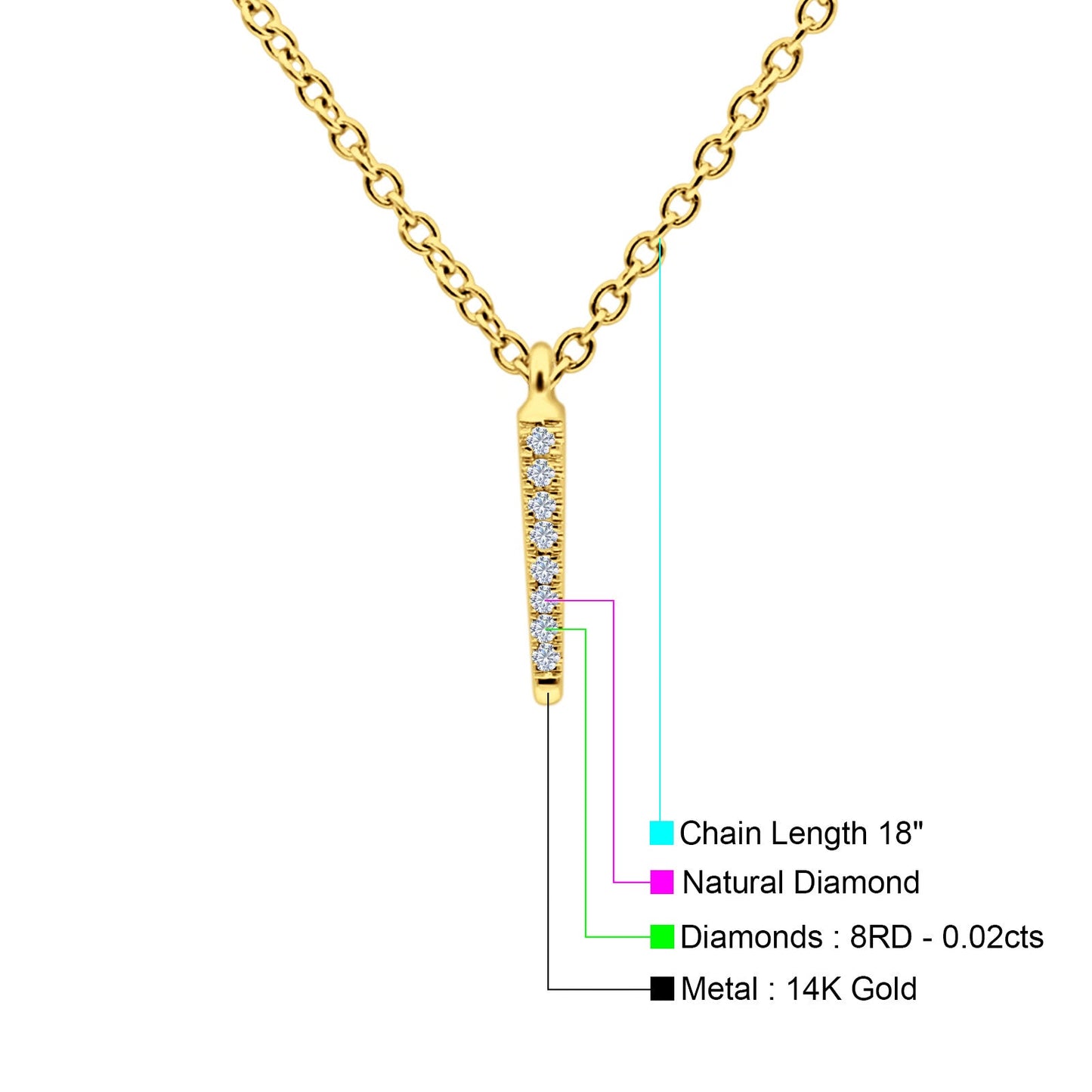 14K Yellow Gold 0.02ct Round Shape Trendy Diamond Vertical Drop Pendant Chain Necklace 18" Long