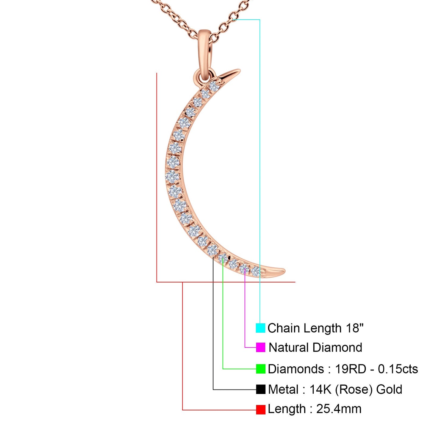 0.15ct Diamond Crescent Moon Pendant Necklace - 14K Rose Gold - 18 Inch Chain