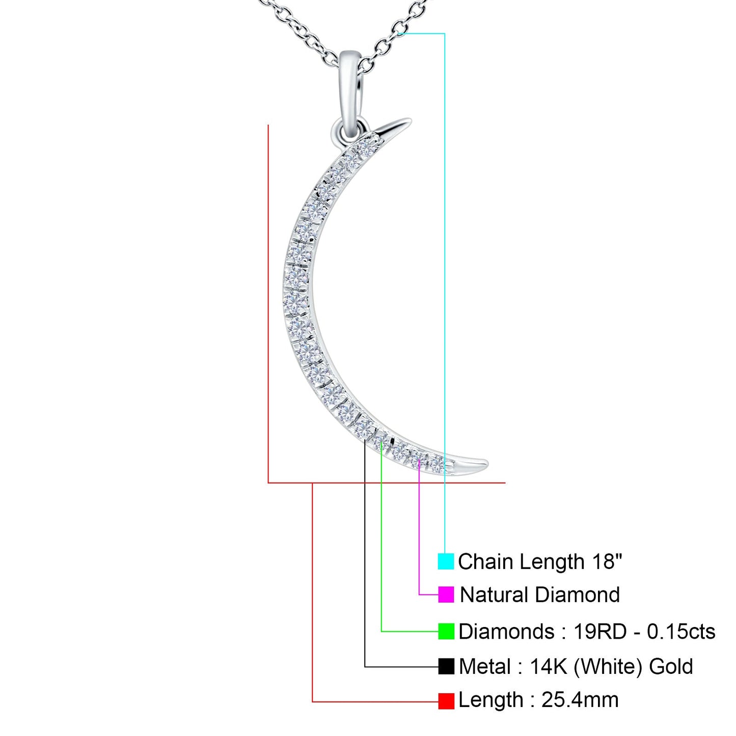 14K White Gold 0.15ct Round Shape Diamond Crescent Moon Pendant Chain Necklace 18" Long