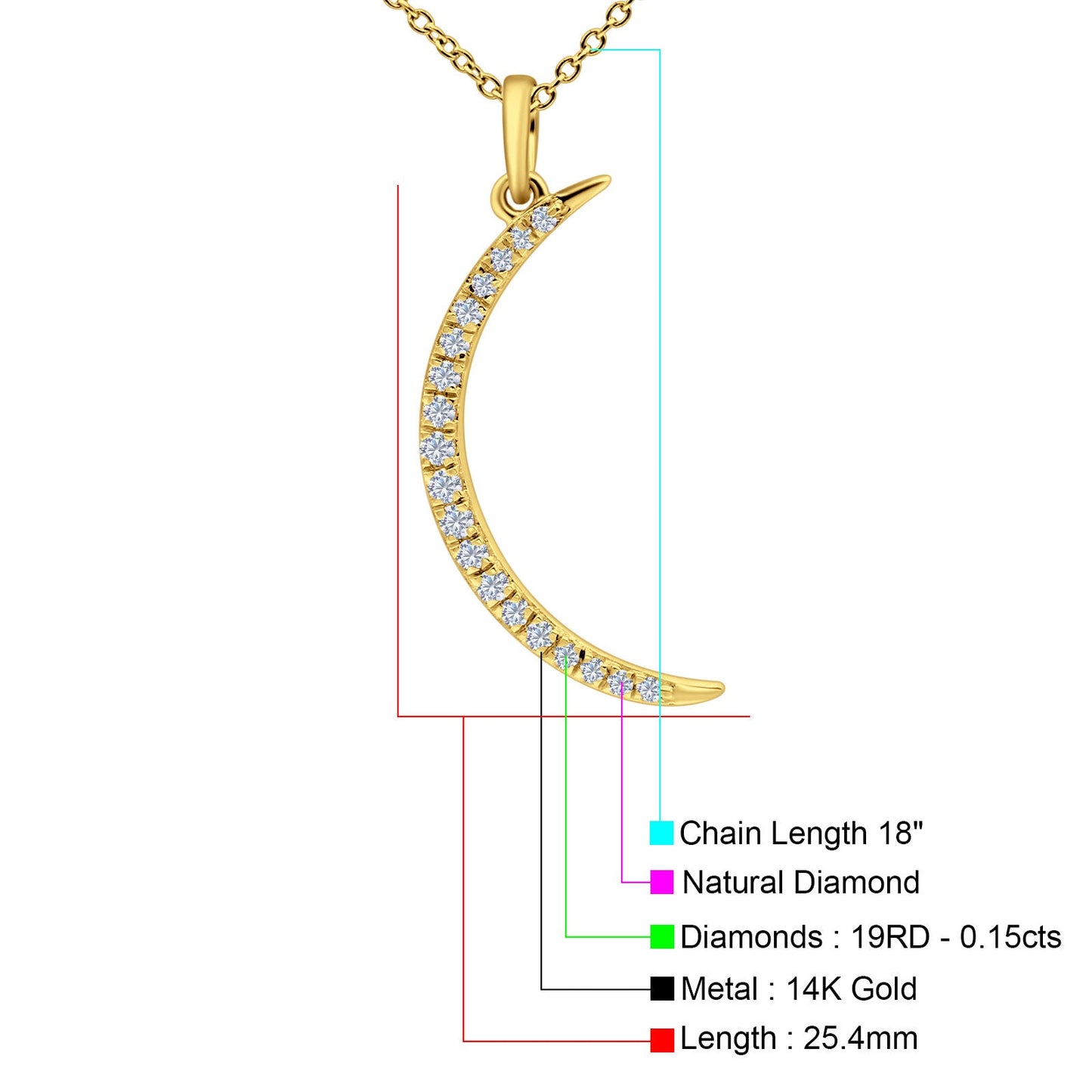 14K Yellow Gold Crescent Moon Necklace 0.15ct Diamond 18 Inch Long