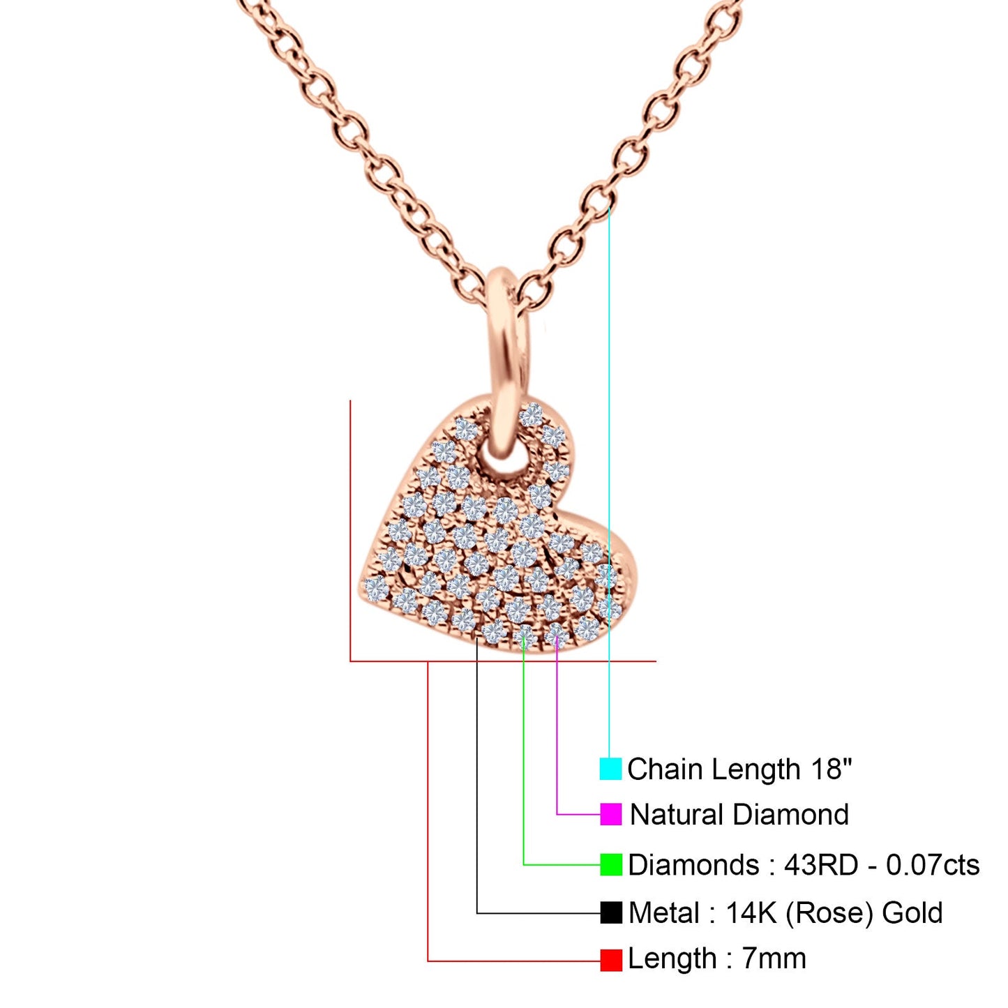 Diamond Heart Pendant Necklace - 14K Rose Gold, 0.07ct, 18 Inch Chain