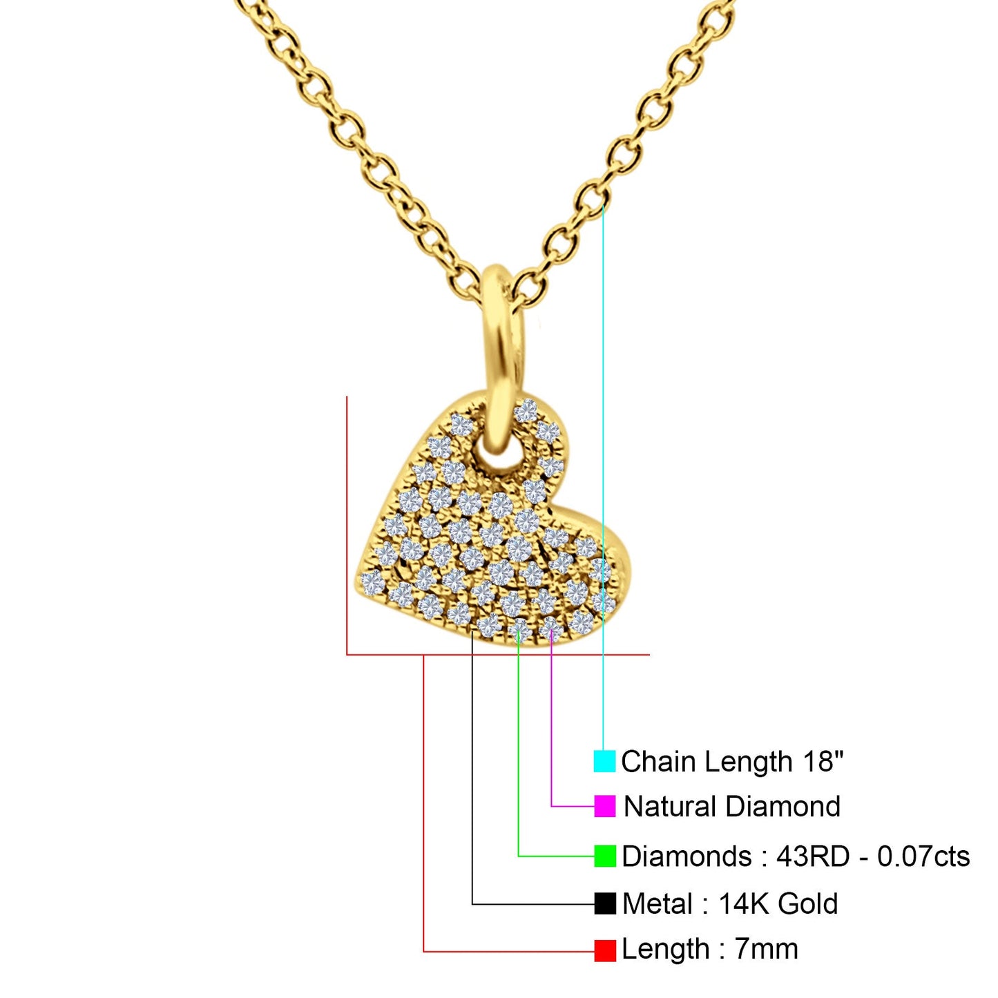 14K Yellow Gold 0.07ct Round Shape Diamond Dangling Heart Pendant Chain Necklace 18" Long