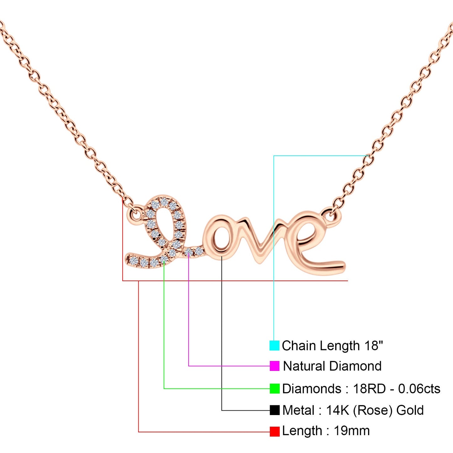 14K Rose Gold 0.06ct Round Shape Diamond Heart Love Script Pendant Chain Necklace 18" Long