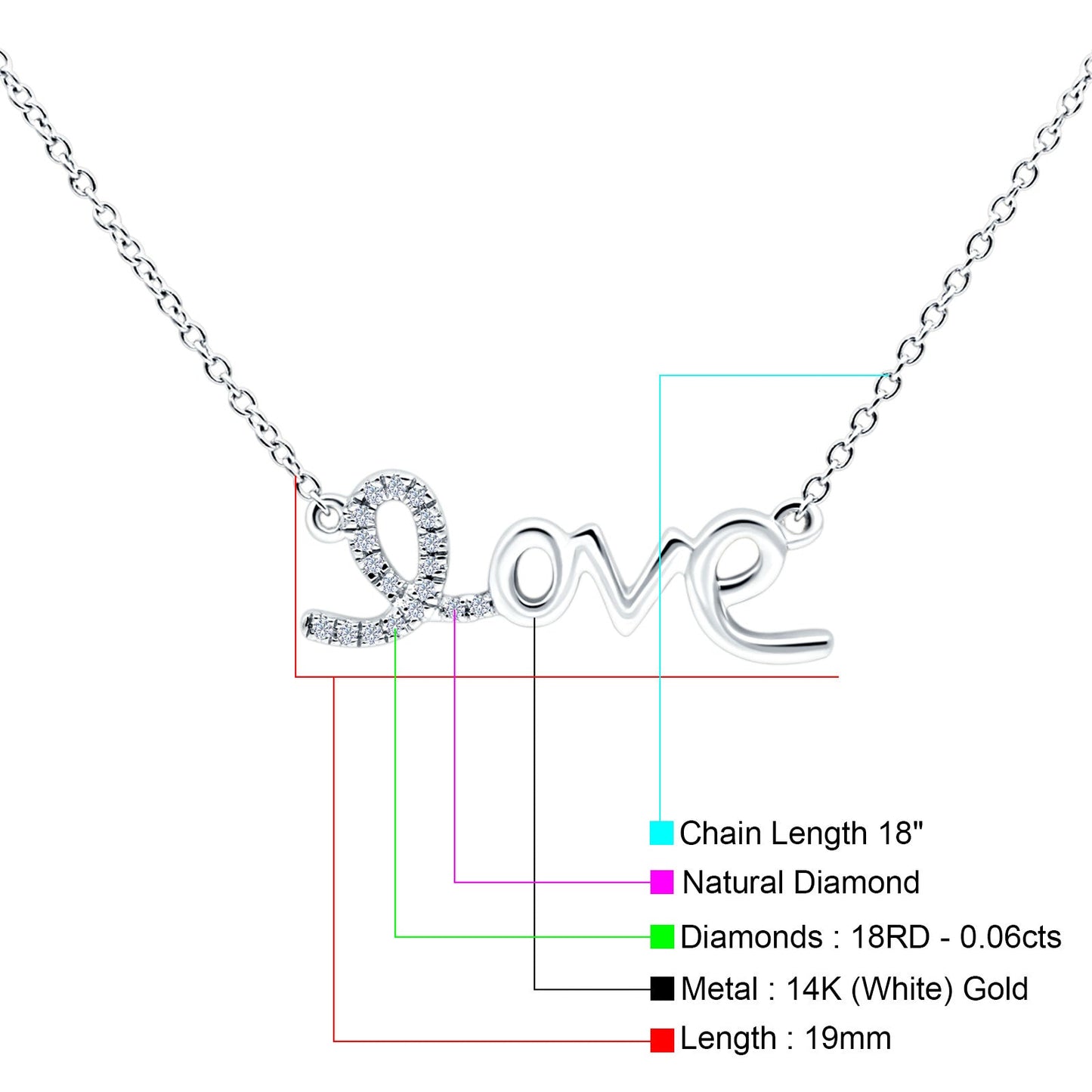 14K White Gold 0.06ct Diamond Heart Love Script Pendant Necklace - 18 Inch Chain