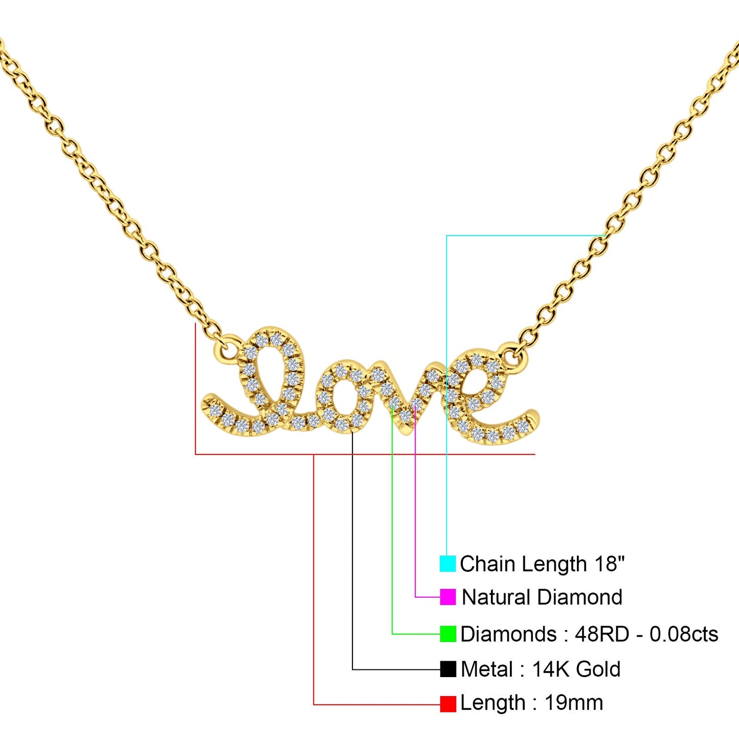 14K Yellow Gold 0.08ct Round Shape Love Script Heart Diamond Pendant Chain Necklace 18" Long