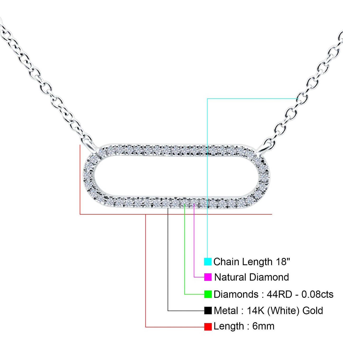 14K White Gold Paperclip Necklace 0.08ct 18 inch Long