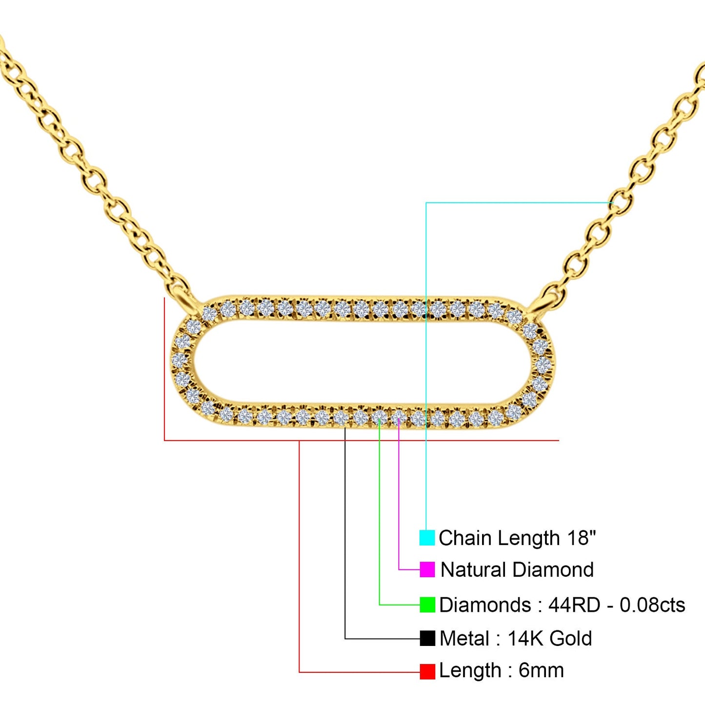 14K Yellow Gold 0.08ct Oval Shape Diamond Modern Pendant Chain Necklace 18 Inch Long