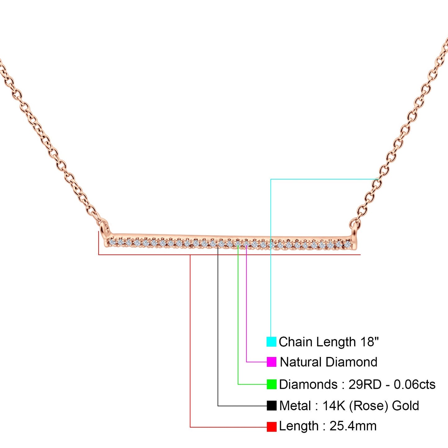 14K Rose Gold 0.06ct Round Shape Diamond Line Bar Pendant Chain Necklace 18" Long