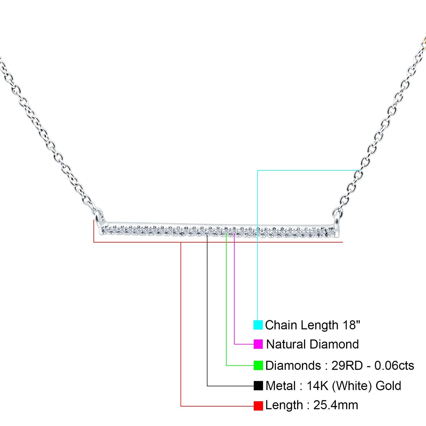 14K White Gold 0.06ct Round Shape Diamond Line Bar Pendant Chain Necklace 18" Long