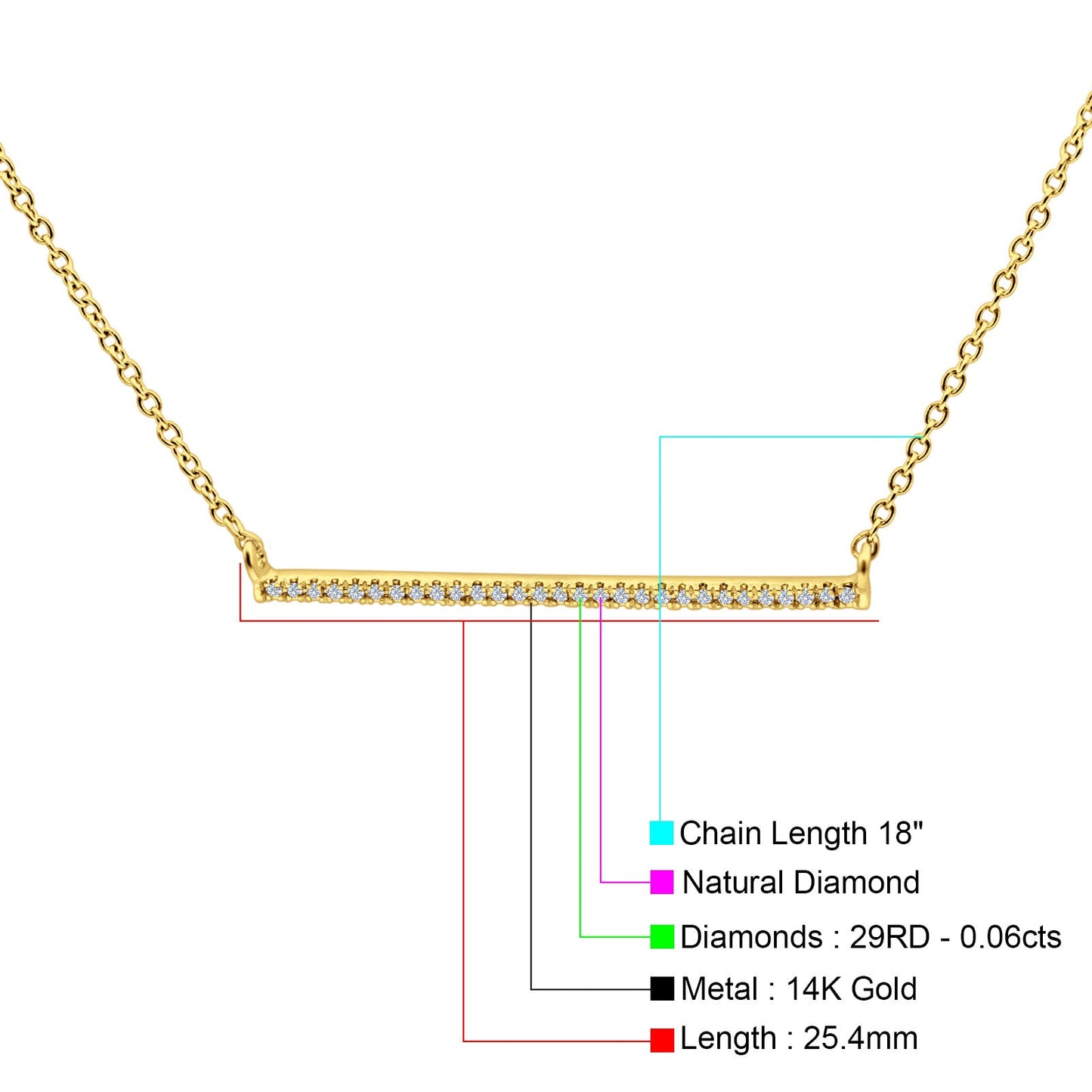 14K Yellow Gold 0.06ct Round Shape Diamond Line Bar Pendant Chain Necklace 18" Long