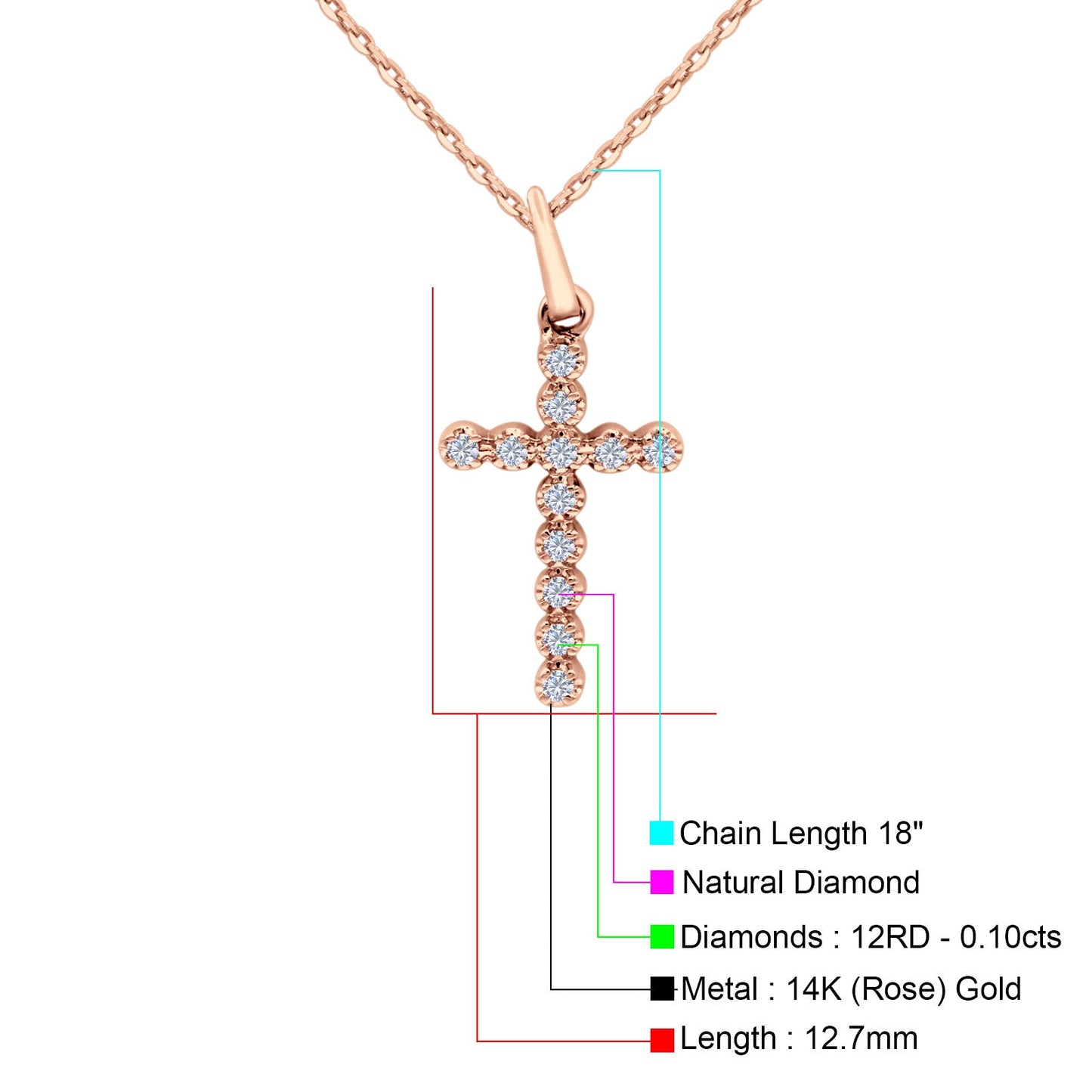 14K Rose Gold 0.10ct Round Shape Diamond Cross Pendant Chain Necklace 18" Long