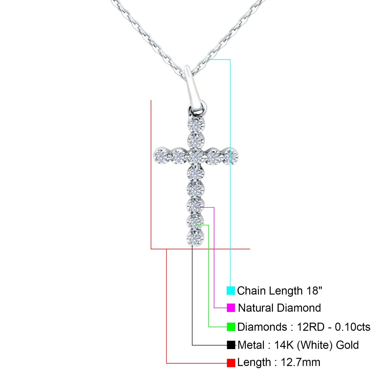 14K White Gold 0.10ct Round Shape Diamond Cross Pendant Chain Necklace 18" Long